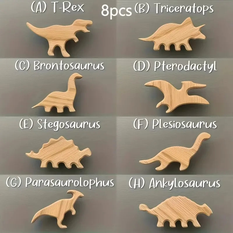 3/5/8pcs Wood Dinosaur Cabinet Handles Wooden Drawer Pulls with 8 Unique Dinosaur Designs for Wardrobe Cabinet Home Room Decor