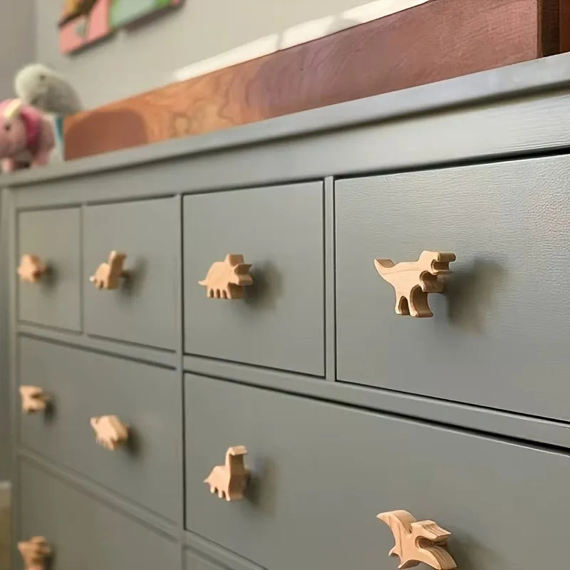 3/5/8pcs Wood Dinosaur Cabinet Handles Wooden Drawer Pulls with 8 Unique Dinosaur Designs for Wardrobe Cabinet Home Room Decor