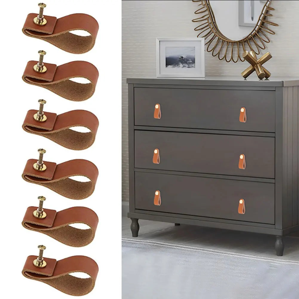 6PCS Handmade Leather Cabinet Door Handle Pulls Knob Dresser Drawer Door Handle Kitchen Pulls Knob