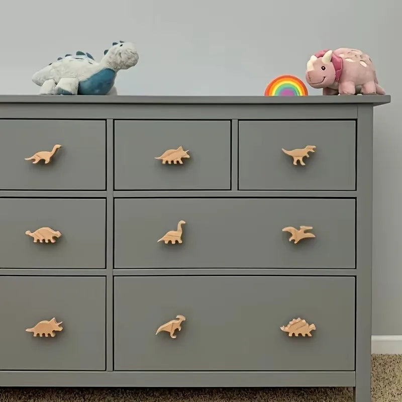 3/5/8pcs Wood Dinosaur Cabinet Handles Wooden Drawer Pulls with 8 Unique Dinosaur Designs for Wardrobe Cabinet Home Room Decor