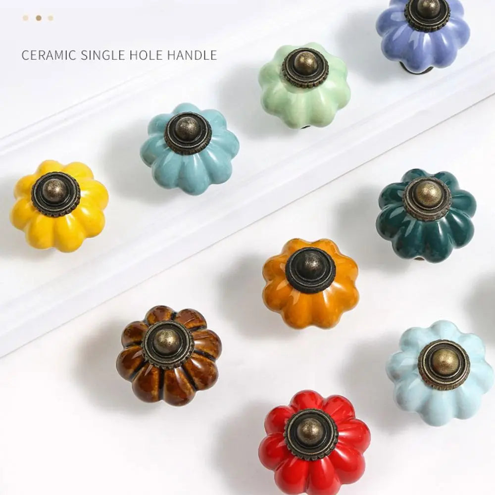 Simple Single Hole Ceramic Pumpkin Handle European Style Vintage Cabinet Knob Round Door Pull Handles Wine Cabinet
