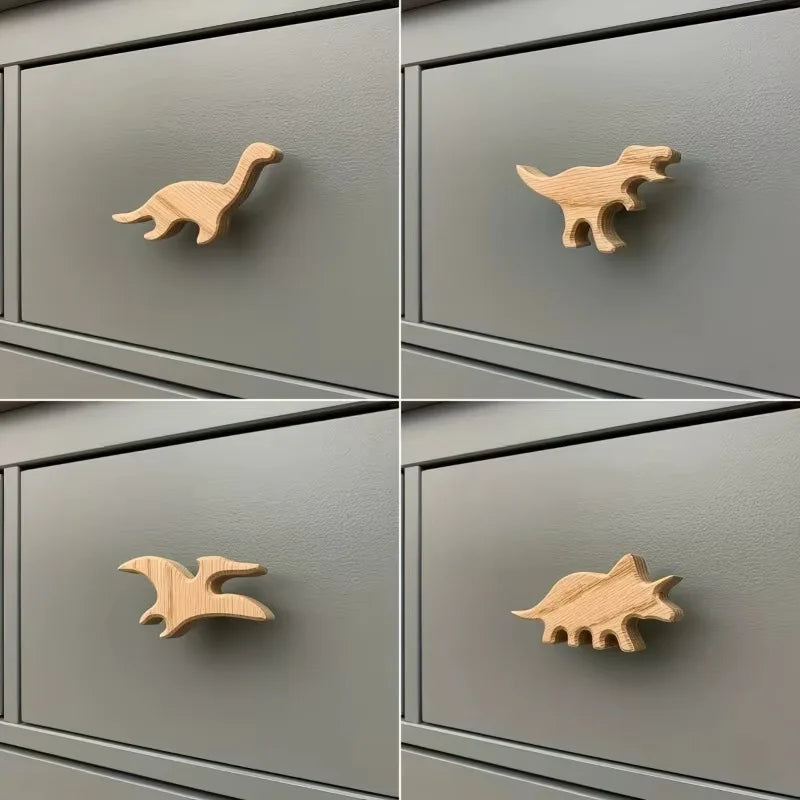 3/5/8pcs Wood Dinosaur Cabinet Handles Wooden Drawer Pulls with 8 Unique Dinosaur Designs for Wardrobe Cabinet Home Room Decor