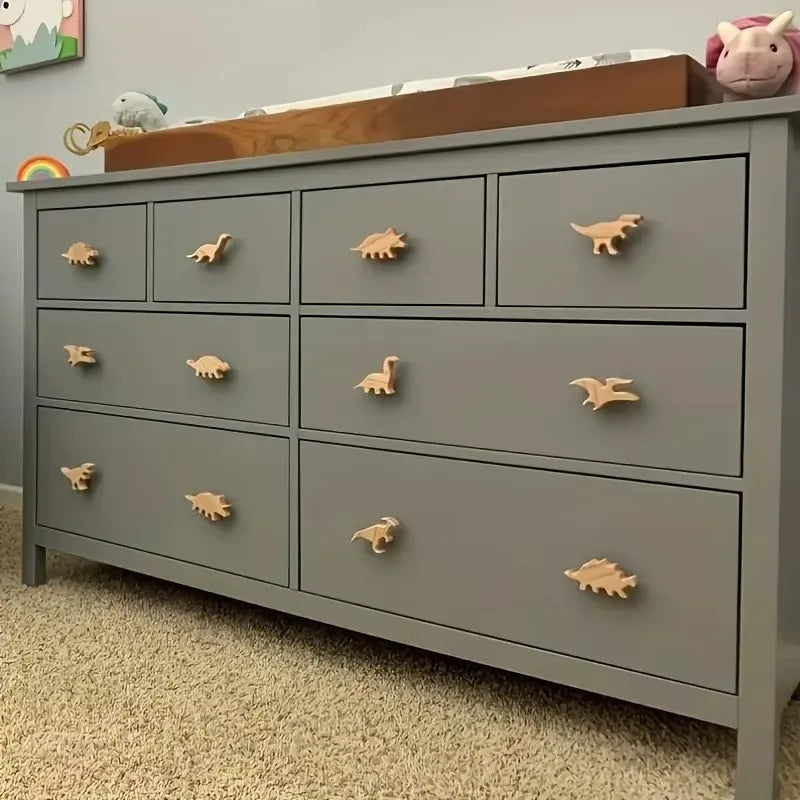 3/5/8pcs Wood Dinosaur Cabinet Handles Wooden Drawer Pulls with 8 Unique Dinosaur Designs for Wardrobe Cabinet Home Room Decor
